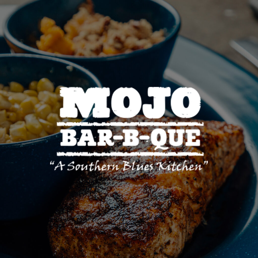 Mojo Bar-B-Que Logo over an image of salmon