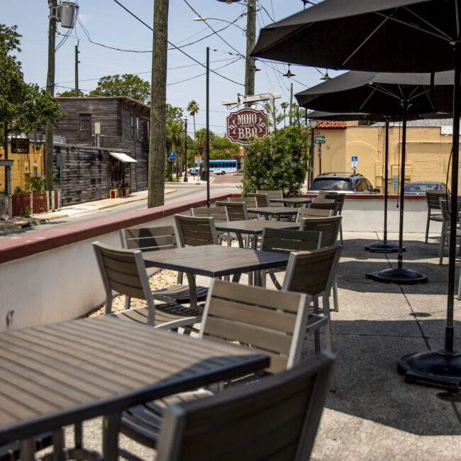 mojo old city exterior patio with sign st augustine, fl