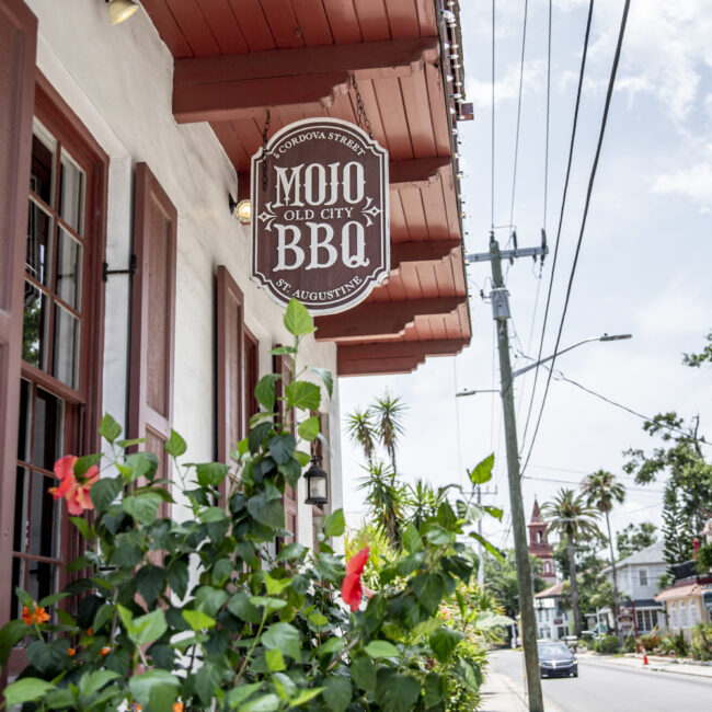 mojo bbq old city close up of the outside sign st augustine, fl