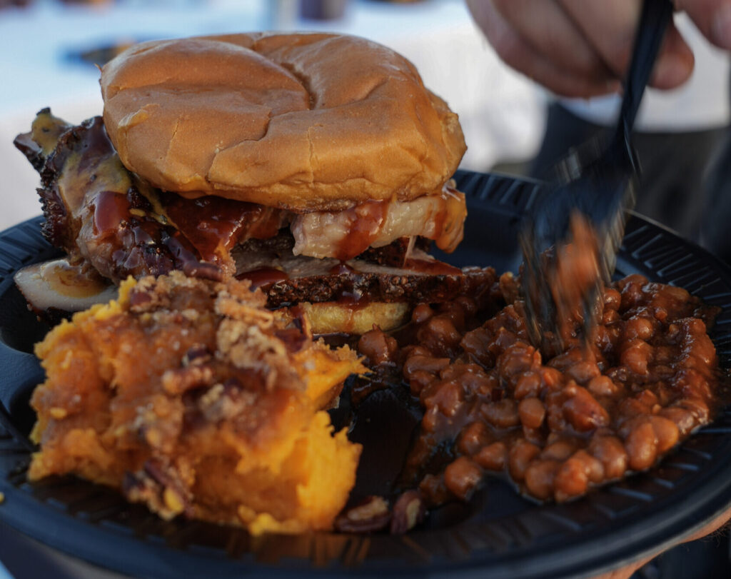 up close plate of food from the mojo bbq catered tailgate
